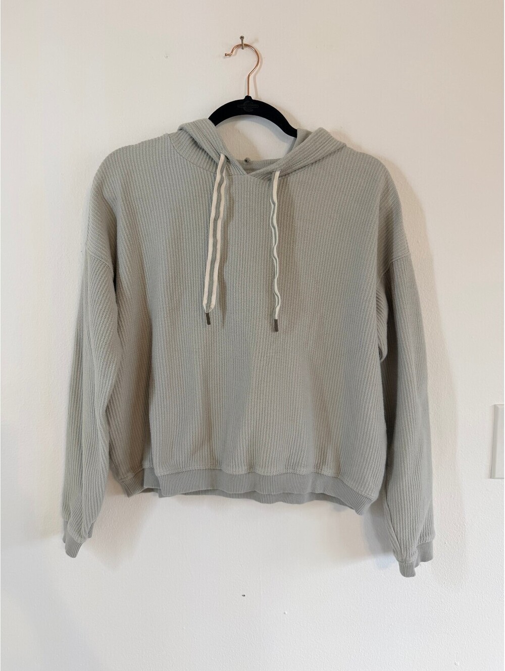 Aerie Gray Green Ribbed Cropped Pullover Hoodie Women’s S Cotton - Picture 2 of 8